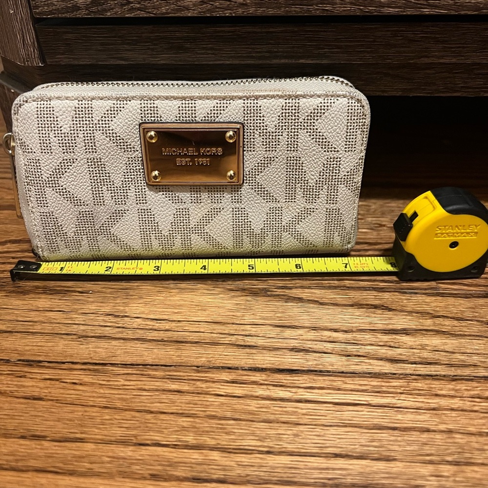 Michael Kors Cream and Light Taupe MK Logo Zip Wallet